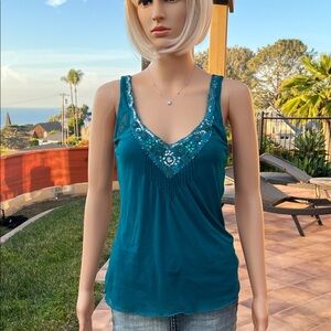 Teal mesh tank with jewels and sequins